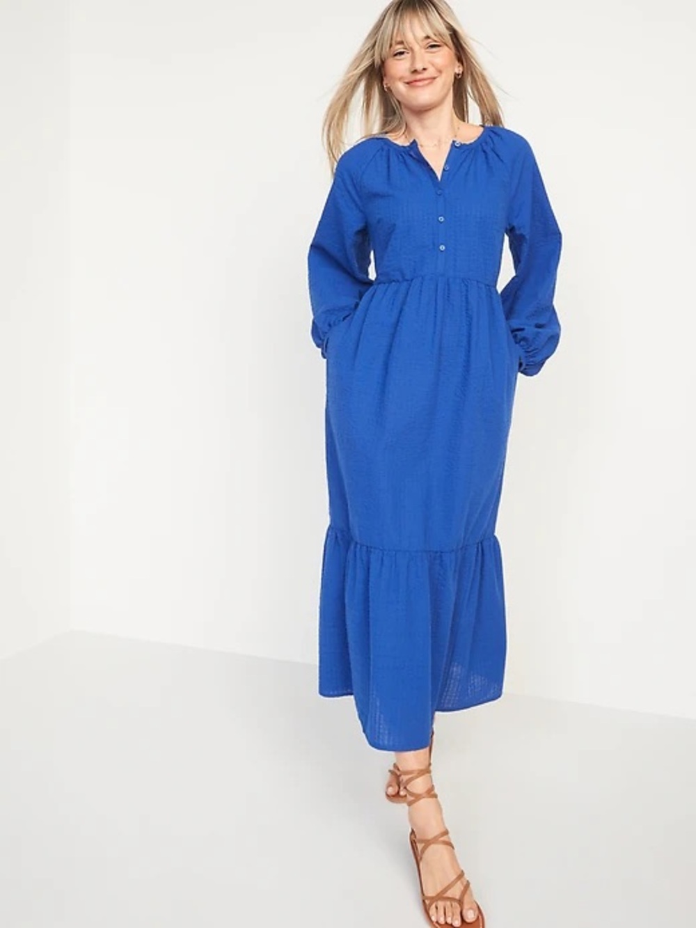 Old Navy Royal Blue Long Sleeve Tiered Maxi Dress